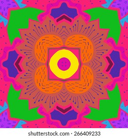 Circular seamless pattern of floral motif, flower, doodles, stamens. Hand drawn.