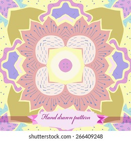 Circular seamless pattern of floral motif, flower, doodles, stamens, label. Hand drawn.