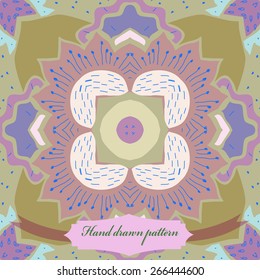 Circular seamless pattern of floral motif, flower, doodles, stamens, label. Hand drawn.