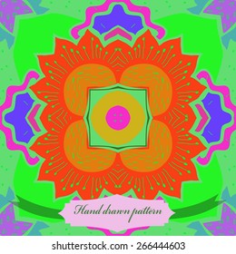 Circular seamless pattern of floral motif, flower, doodles, stamens, label. Hand drawn.