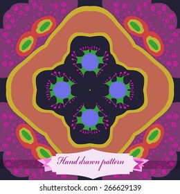 Circular seamless pattern of floral motif, doodles, spirals, label. Hand drawn.