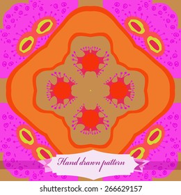 Circular seamless pattern of floral motif, doodles, spirals, label. Hand drawn.