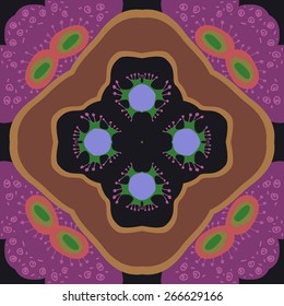 Circular seamless pattern of floral motif, doodles, spirals. Hand drawn.