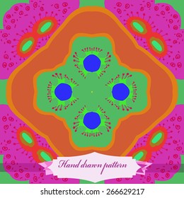 Circular seamless pattern of floral motif, doodles, spirals, label. Hand drawn.