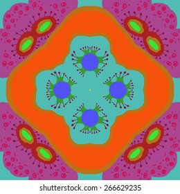 Circular seamless pattern of floral motif, doodles, spirals. Hand drawn.