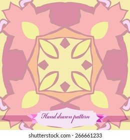 Circular seamless pattern of floral motif, stylized flowers, label. Hand drawn.