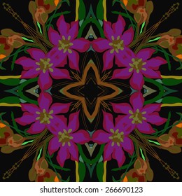 Circular seamless pattern of floral motif, flowers, leaves. Hand drawn.