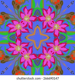 Circular seamless pattern of floral motif, flowers, leaves. Hand drawn.