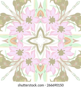Circular seamless pattern of floral motif, flowers, leaves. Hand drawn.
