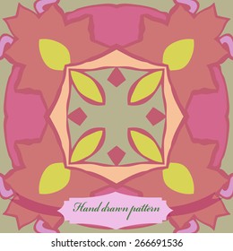 Circular seamless pattern of floral motif, stylized flowers, label. Hand drawn.