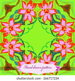 Circular seamless pattern of floral motif, flowers, leaves, label. Hand drawn.