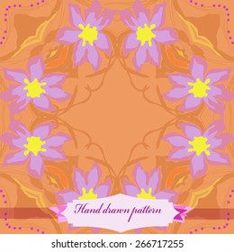 Circular seamless pattern of floral motif, flowers, leaves, label. Hand drawn.