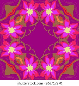 Circular seamless pattern of floral motif, flowers, leaves. Hand drawn.