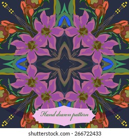 Circular seamless pattern of floral motif, flowers, leaves, label. Hand drawn.