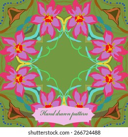 Circular seamless pattern of floral motif, flowers, leaves, label. Hand drawn.