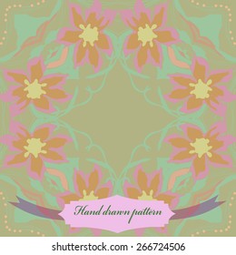 Circular seamless pattern of floral motif, flowers, leaves, label. Hand drawn.