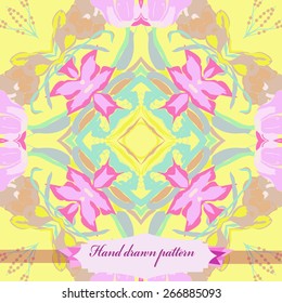 Circular seamless pattern of floral motif, flowers, label. Hand drawn.