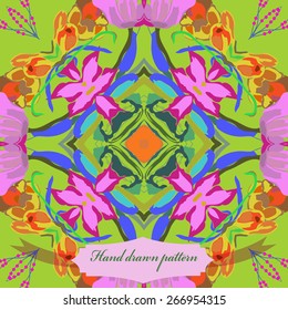 Circular seamless pattern of floral motif, flowers, label. Hand drawn.
