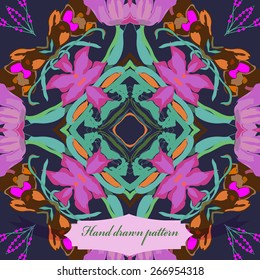 Circular seamless pattern of floral motif, flowers, label. Hand drawn.