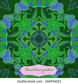 Circular seamless pattern of floral motif, flowers, label. Hand drawn.