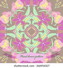 Circular seamless pattern of floral motif, flowers, label. Hand drawn.