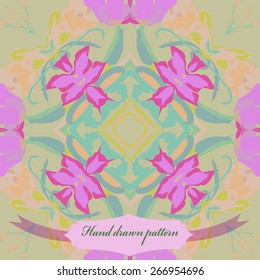 Circular seamless pattern of floral motif, flowers, label. Hand drawn.