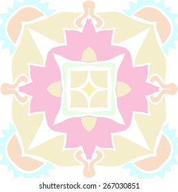Circular seamless pattern of floral motif, star, zigzag. Hand drawn.