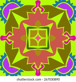 Circular seamless pattern of floral motif, star, zigzag. Hand drawn.