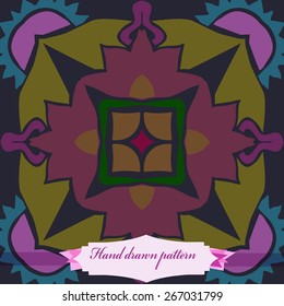 Circular seamless pattern of floral motif, star, zigzag, label. Hand drawn.