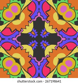 Circular seamless pattern of floral motif, bagels, ellipses, zigzags. Hand drawn.
