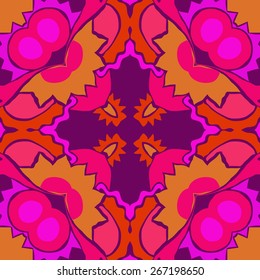 Circular seamless pattern of floral motif, bagels, ellipses, zigzags. Hand drawn.
