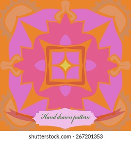 Circular seamless pattern of floral motif, star, zigzag, label. Hand drawn.