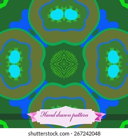 Circular seamless pattern of floral motif, stars, label. Hand drawn.