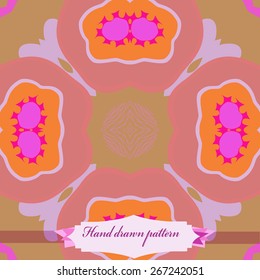 Circular seamless pattern of floral motif, stars, label. Hand drawn.