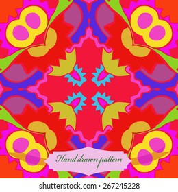 Circular seamless pattern of floral motif, bagels, ellipses, zigzags, label. Hand drawn.
