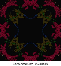Circular seamless pattern of floral motif, flowers, leaves, branches. Hand drawn.