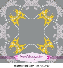 Circular seamless pattern of floral motif, flowers, leaves, branches, label. Hand drawn.