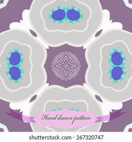 Circular seamless pattern of floral motif, stars, label. Hand drawn.