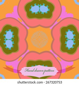 Circular seamless pattern of floral motif, stars, label. Hand drawn.