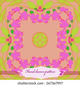 Circular seamless pattern of floral motif, flowers, leaves, branches, label. Hand drawn.