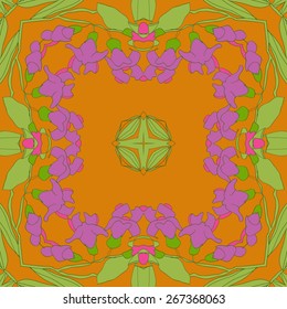 Circular seamless pattern of floral motif, flowers, leaves, branches. Hand drawn.