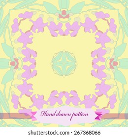 Circular seamless pattern of floral motif, flowers, leaves, branches, label. Hand drawn.