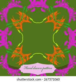 Circular seamless pattern of floral motif, flowers, leaves, branches, label. Hand drawn.
