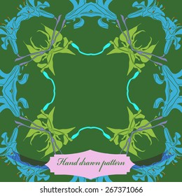 Circular seamless pattern of floral motif, flowers, leaves, branches, label. Hand drawn.