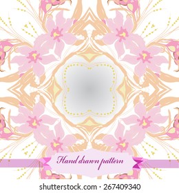 Circular seamless pattern of floral motif, flowers, leaves, label. Hand drawn.