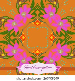 Circular seamless pattern of floral motif, flowers, leaves, label. Hand drawn.