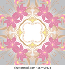 Circular seamless pattern of floral motif, flowers, leaves. Hand drawn.
