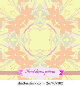 Circular seamless pattern of floral motif, flowers, leaves, label. Hand drawn.