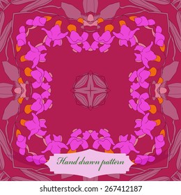 Circular seamless pattern of floral motif, flowers, leaves, branches, label. Hand drawn.