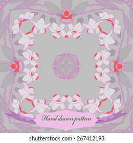 Circular seamless pattern of floral motif, flowers, leaves, branches, label. Hand drawn.